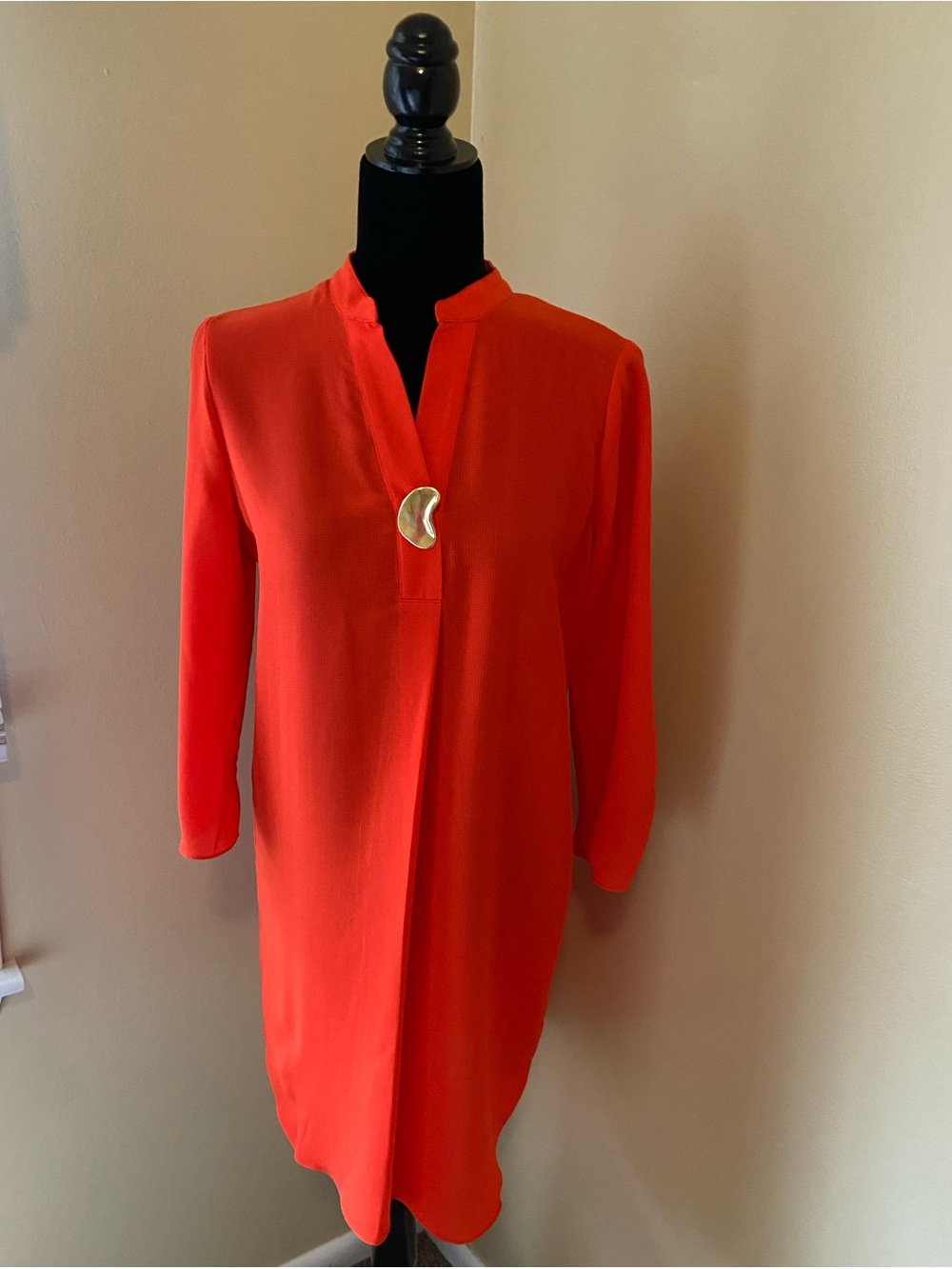 Chelsea & Theodore Vibrant Orange-Red Tunic with Gold Crescent Accent